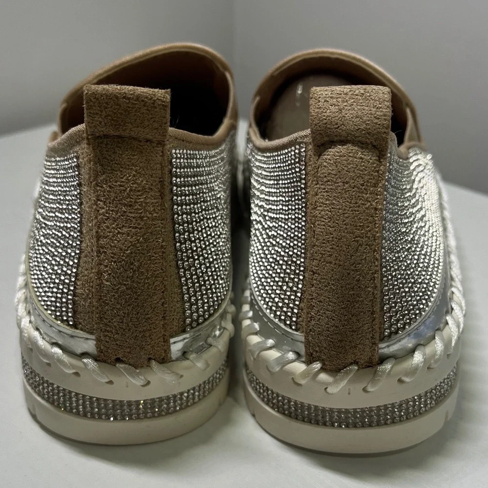 Silver Rhinestone Slip On‎ Platform Sneakers Bling Loafers Whipstitch